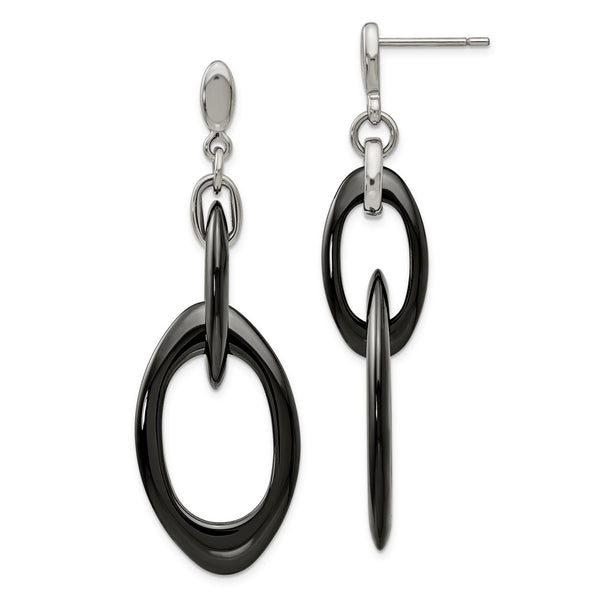 Stainless Steel And Black Ceramic Polished Dangle Post Earrings