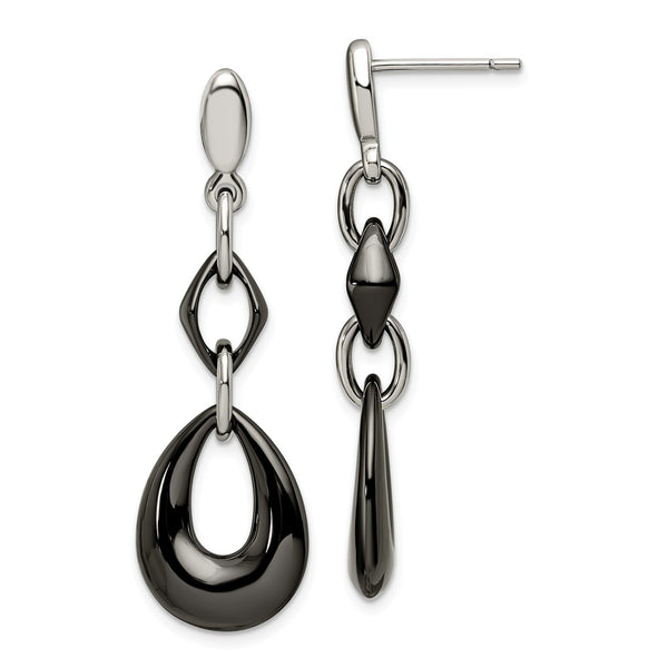 Stainless Steel And Black Ceramic Polished Dangle Post Earrings