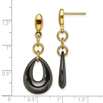 Stainless Steel Polished Yellow IP Blk Ceramic Post Dangle Earrings