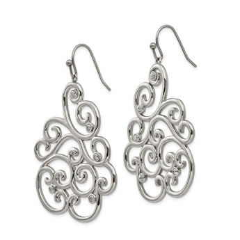 Stainless Steel Polished Filigree CZ Dangle Shepherd Hook Earrings