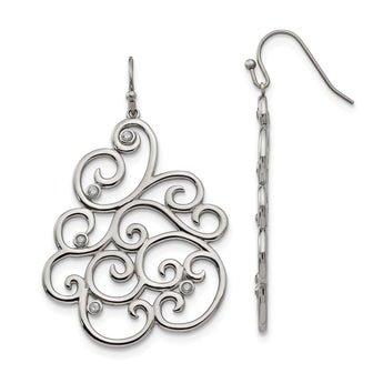 Stainless Steel Polished Filigree CZ Dangle Shepherd Hook Earrings