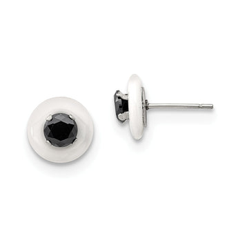 Stainless Steel Polished White Ceramic w/Black CZ Post Earrings