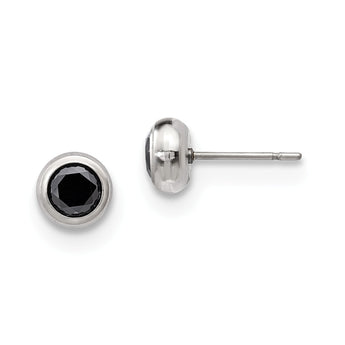 Stainless Steel Polished 5mm Bezel Black CZ Stud Post Earrings