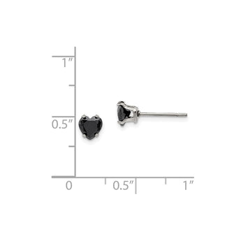 Stainless Steel Polished 5mm Black Heart CZ Stud Post Earrings