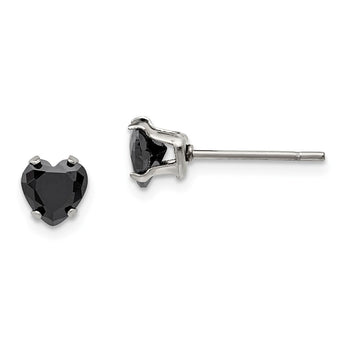 Stainless Steel Polished 5mm Black Heart CZ Stud Post Earrings