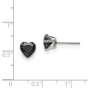 Stainless Steel Polished 7mm Black Heart CZ Stud Post Earrings