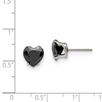 Stainless Steel Polished 8mm Black Heart CZ Stud Post Earrings