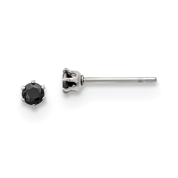 Stainless Steel Polished 3mm Black Round CZ Stud Post Earrings - Birthstone Company