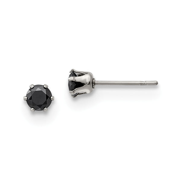 Stainless Steel Polished 4mm Black Round CZ Stud Post Earrings - Birthstone Company