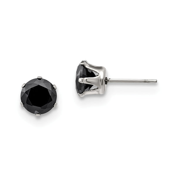 Stainless Steel Polished 7mm Black Round CZ Stud Post Earrings