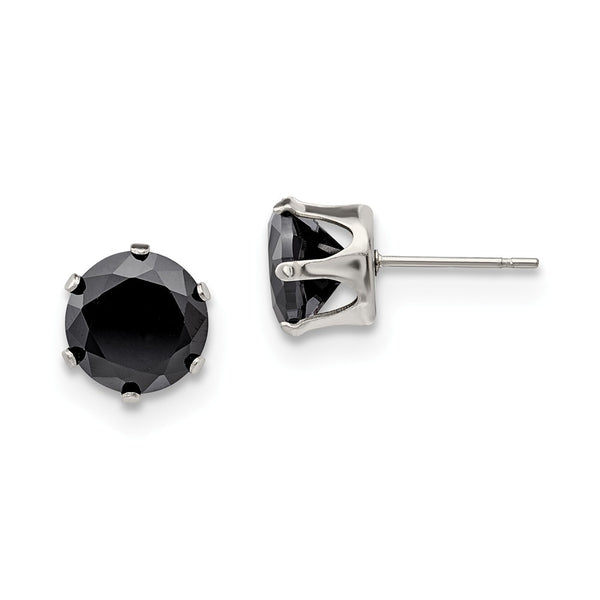 Stainless Steel Polished 9mm Black Round CZ Stud Post Earrings