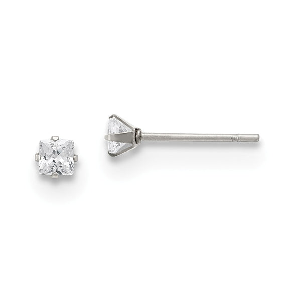 Stainless Steel Polished 3mm Square CZ Stud Post Earrings - Birthstone Company