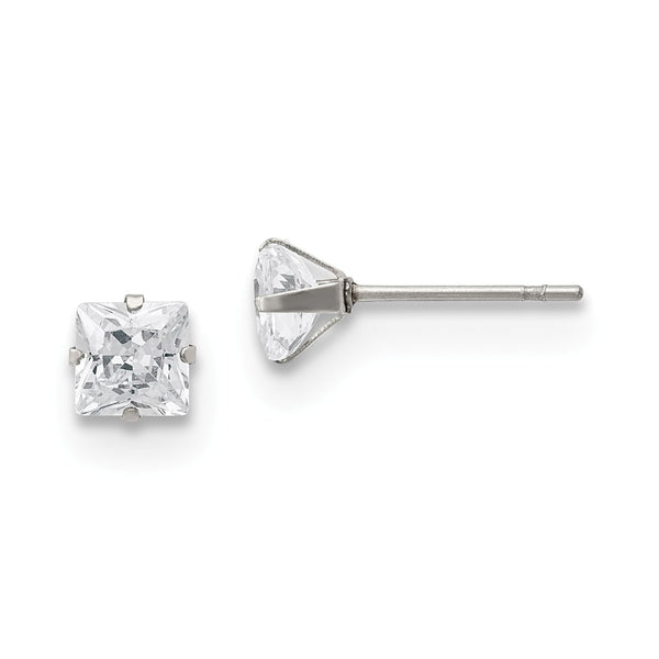 Stainless Steel Polished 5mm Square CZ Stud Post Earrings
