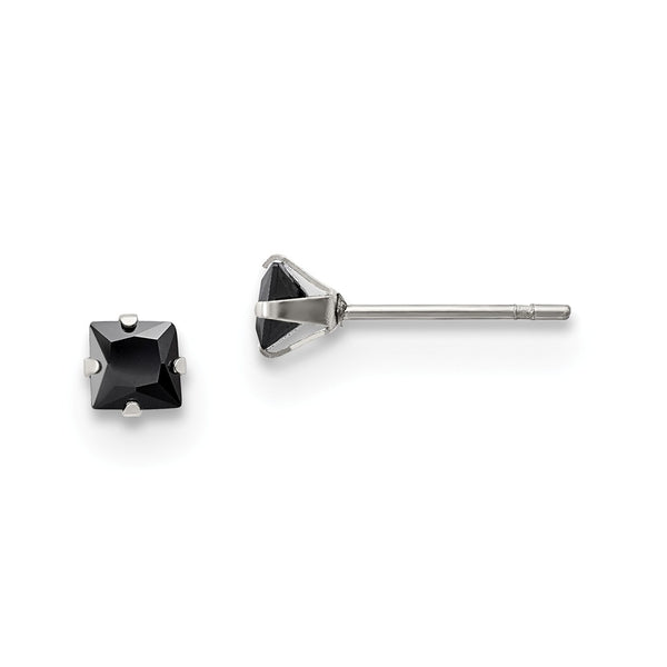 Stainless Steel Polished 4mm Black Square CZ Stud Post Earrings - Birthstone Company