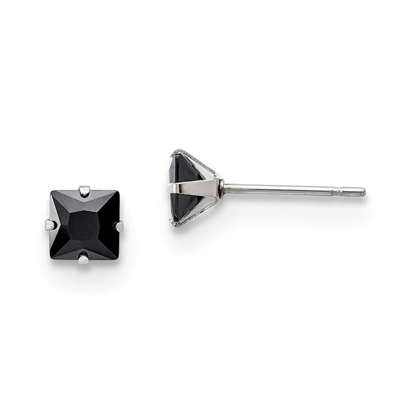 Stainless Steel Polished 5mm Black Square CZ Stud Post Earrings