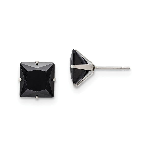 Stainless Steel Polished 10mm Black Square CZ Stud Post Earrings