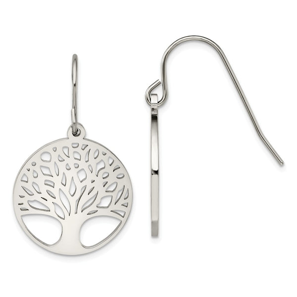 Stainless Steel Polished Tree of Life Cut-out Shepherd Hook Earrings