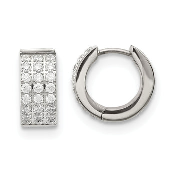 Stainless Steel Polished with 3 Rows of CZ Hinged Hoop Earrings