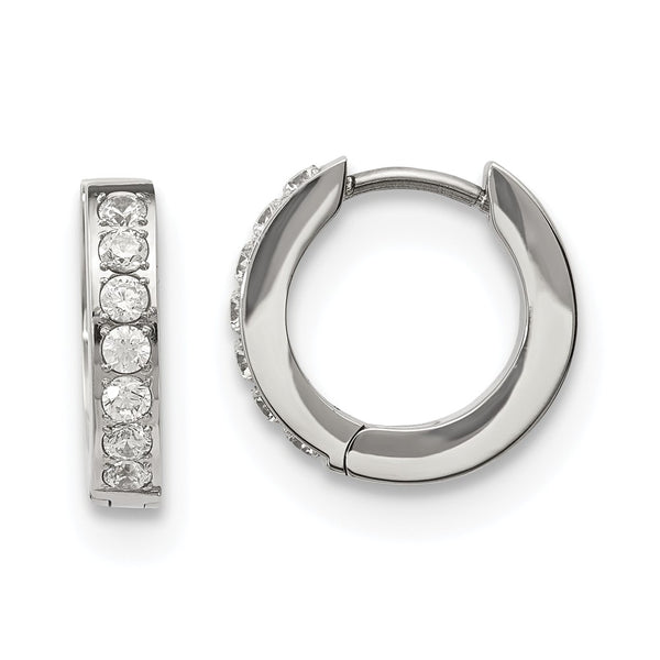 Stainless Steel Polished with 1 Row of CZ Hinged Hoop Earrings