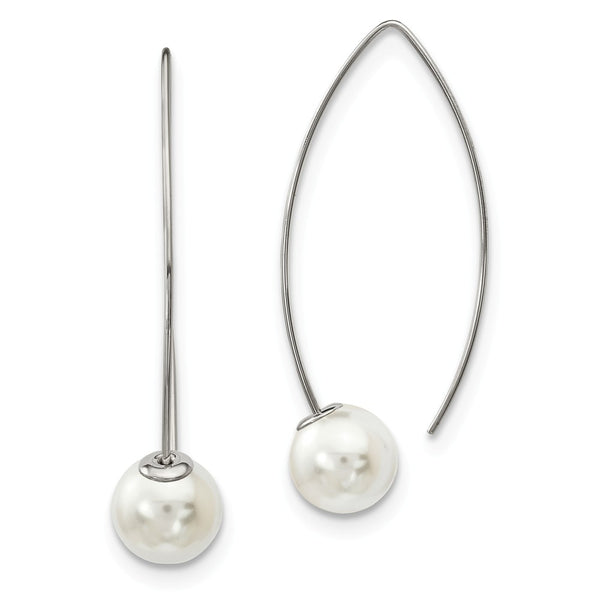 Stainless Steel Polished Simulated Pearl Threader Earrings