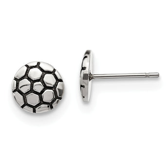 Stainless Steel Antiqued and Polished Soccer Ball Post Earrings