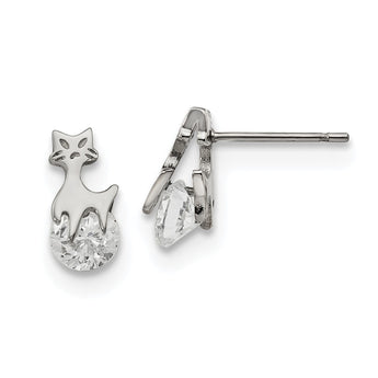 Stainless Steel Polished w/CZ Cat Post Earrings