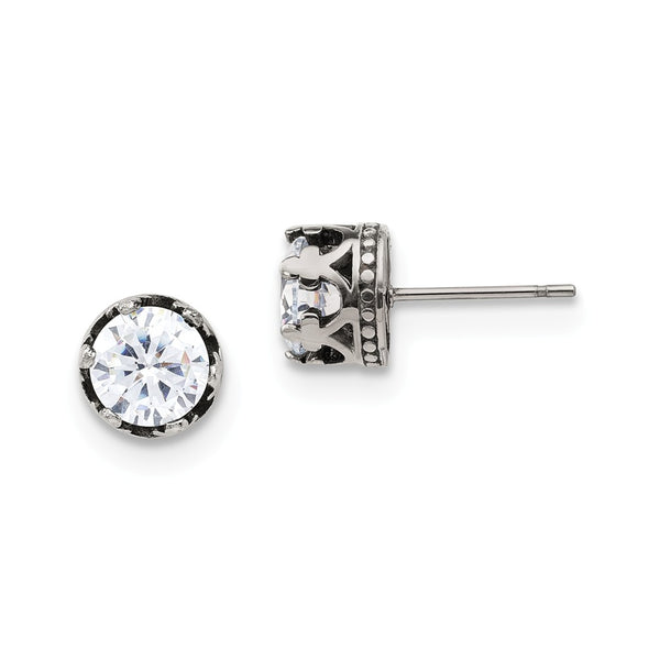 Stainless Steel Antiqued and Polished Crown w/CZ Post Earrings