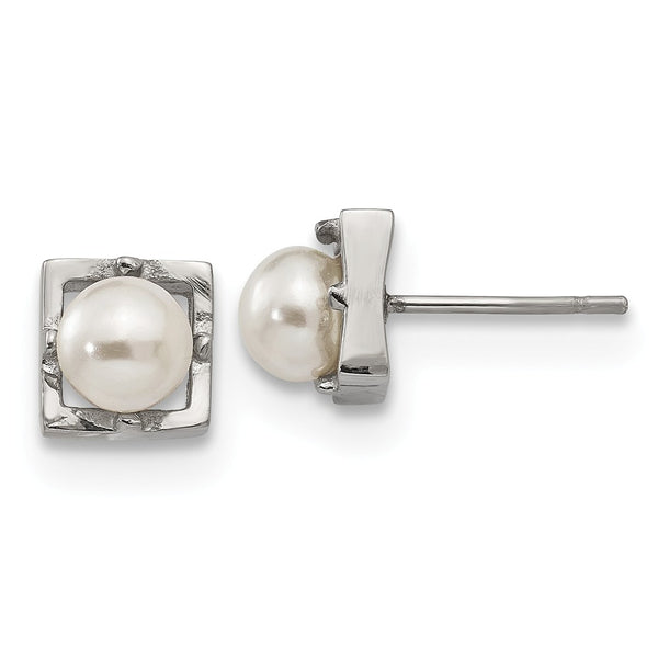 Stainless Steel Polished Simulated Pearl Square Post Earrings