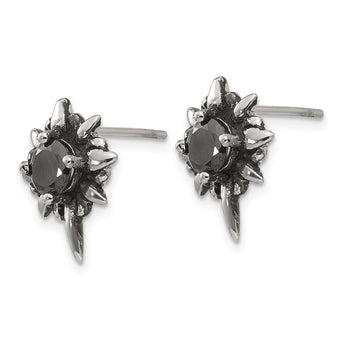 Stainless Steel Antiqued and Polished w/Black CZ Post Earrings