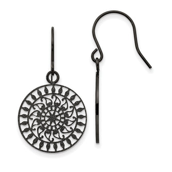 Stainless Steel Polished Black IP-plated Laser Cut Shepherd Hook Earrings