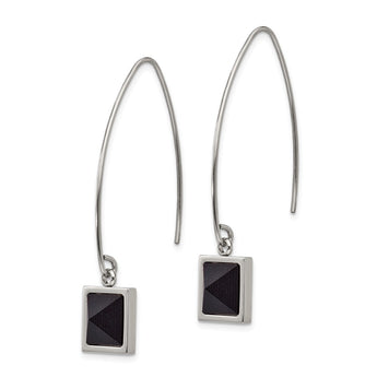 Stainless Steel Polished w/Blk Carbon Fiber Dangle Shepherd Hook Earrings