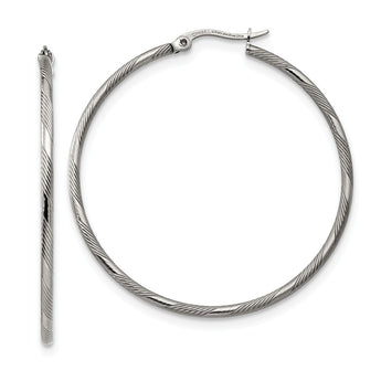 Stainless Steel Polished and Textured Hinged Hoop Earrings