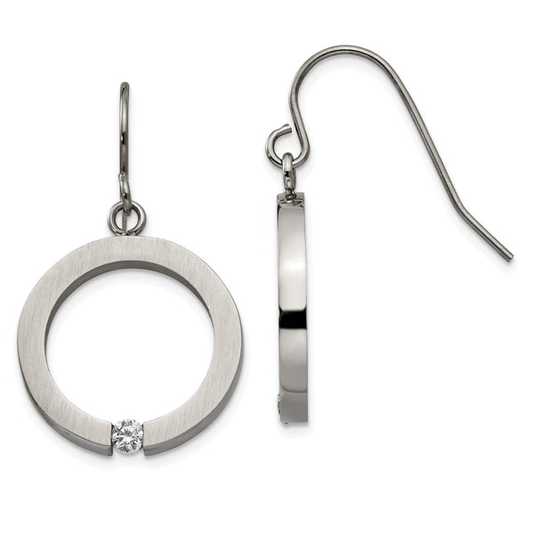 Stainless Steel Brushed and Polished w/CZ Circle Shepherd Hook Earrings