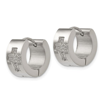 Stainless Steel CZ Cross Hinged Hoop Earrings