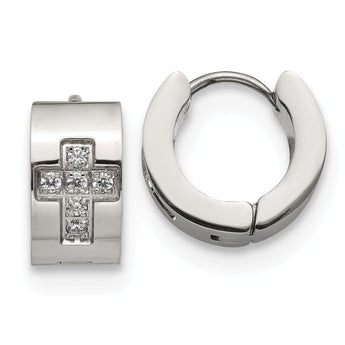 Stainless Steel CZ Cross Hinged Hoop Earrings