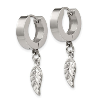 Stainless Steel Leaf Hinged Hoop Earrings