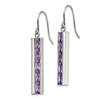 Stainless Steel Polished with Purple CZ Shepherd Hook Earrings