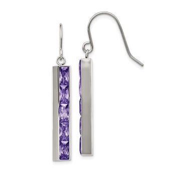 Stainless Steel Polished with Purple CZ Shepherd Hook Earrings