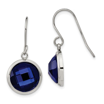 Stainless Steel Polished with Blue Glass Dangle Shepherd Hook Earrings