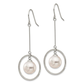 Stainless Steel Polished w/Simulated Pearl Shepherd Hook Dangle Earrings