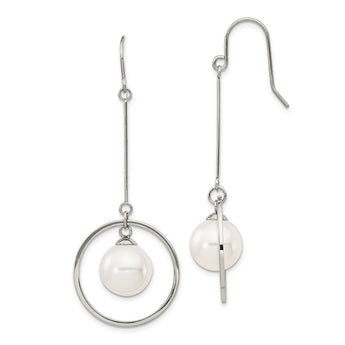 Stainless Steel Polished w/Simulated Pearl Shepherd Hook Dangle Earrings