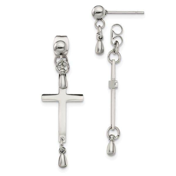 Stainless Steel Polished Cross Dangle Front and Back Post Earrings