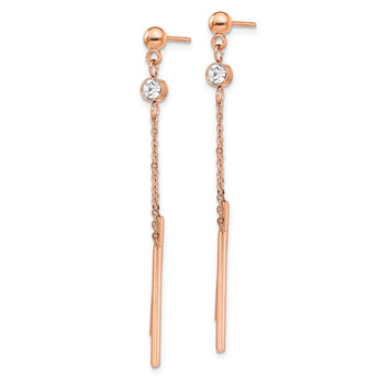 Stainless Steel Polished Rose IP-plated w/Crystal Bar Post Dangle Earrings