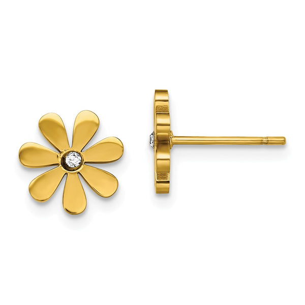 Stainless Steel Polished Yellow IP-plated with Crystal Flower Post Earrings