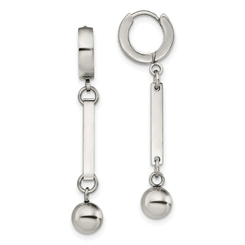 Stainless Steel Polished with Bar & Ball Dangle Hinged Hoop Earrings