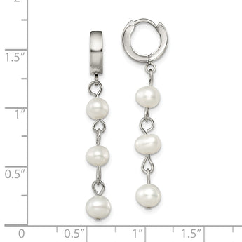 Stainless Steel Polished w/Freshwater Cultured Pearl Hinged Hoop Earrings