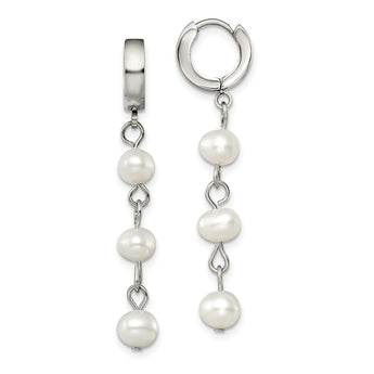 Stainless Steel Polished w/Freshwater Cultured Pearl Hinged Hoop Earrings