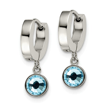 Stainless Steel Polished w/Blue Preciosa Crystal Dangle Hinged Hoop Earring