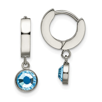 Stainless Steel Polished w/Blue Preciosa Crystal Dangle Hinged Hoop Earring