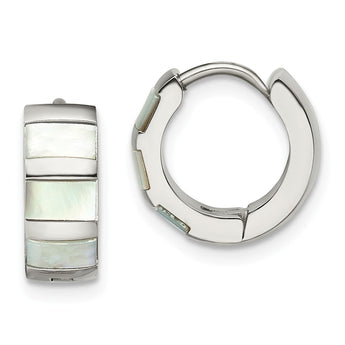 Stainless Steel Polished with Shell Pearl Hinged Hoop Earrings